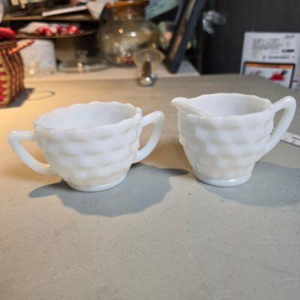 Vintage Jeannette Cube Milk Glass Creamer & Open Sugar Bowl Set Art Deco